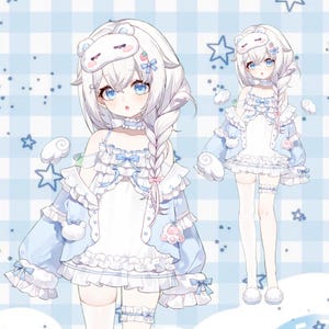 Puede incluir: Ilustración de un personaje con un atuendo azul claro y blanco. El personaje tiene cabello blanco, ojos azules y usa una máscara para dormir. El atuendo incluye una chaqueta, un vestido y accesorios con lazos y volantes. El fondo es un patrón de cuadros azules y blancos.