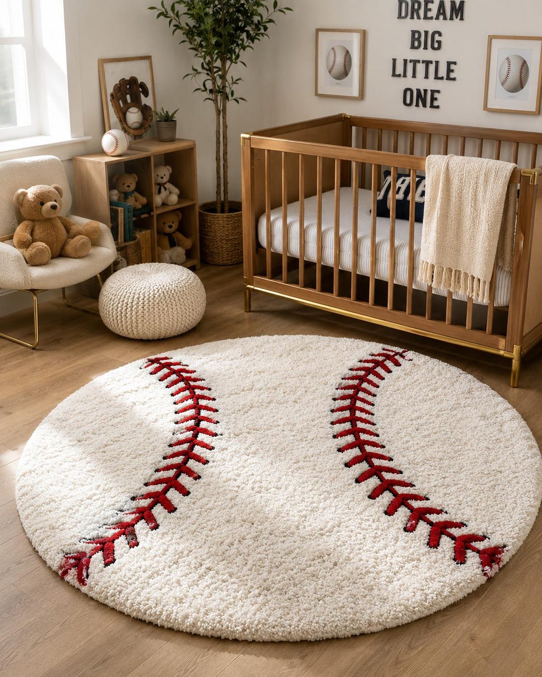 Hand Tufted Baseball Area Rug, Kids Sports Nursery Carpet, Round White ...