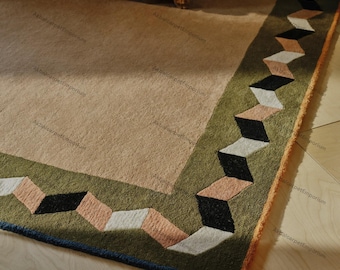 Hand Tufted Wool Rug, Modern Geometric Border, Neutral Green