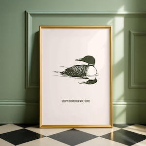 May include: Framed art print featuring a black and white illustration of a loon floating on water. The bird has a black head and a white and black patterned body. The text "STUPID CANADIAN WOLF BIRD" is printed below the illustration.
