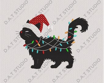Christmas Cat Embroidery Design, Santa Hat, Holiday Lights (Digital Download)