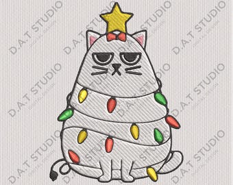 Funny Cat Christmas Tree Embroidery Design, Xmas Lights (Digital File)
