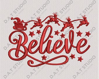 Believe Christmas Embroidery Design Santa Sleigh Reindeer