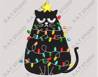 Funny Black Cat Christmas Tree Embroidery Design (Digital File)