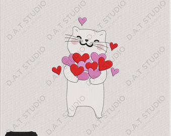 Cute Cat Holding Hearts Embroidery Design Valentine Love Animal Stitch File