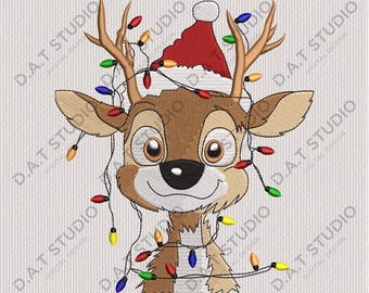 Christmas Reindeer With Lights Embroidery Design (Digital Download)