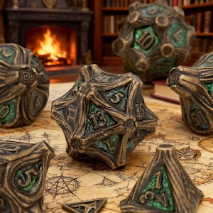 May include: A collection of bronze-colored polyhedral dice with green accents, designed for tabletop gaming. The dice are arranged on a map, with a fireplace and bookshelves in the background. The dice have numbers and symbols.