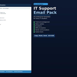 May include: A dark blue graphic with the text "IT Support Email Pack" and a list of email templates. The pack includes templates for ticket acknowledgements, status updates, escalations, and more. The image also includes a sample email template.