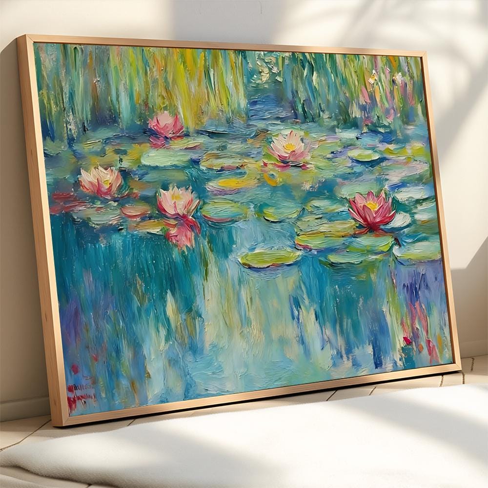 Impasto Textured Water Lily Pond Framed Wall Art, Monet Style Floral ...