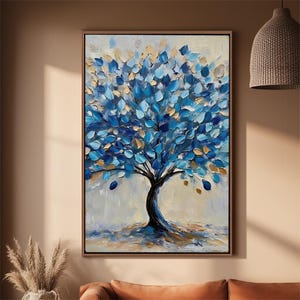 May include: A vertical rectangular oil painting featuring a stylized tree with thick, textured impasto brushstrokes. The foliage consists of vibrant shades of blue, navy, and metallic gold leaves against a neutral, cream-colored background.