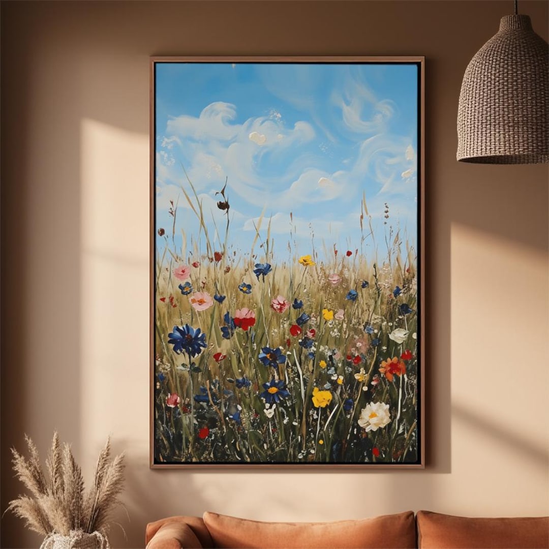Bright Wildflower Meadow Framed Wall Art, Sunny Blue Sky & Floral ...