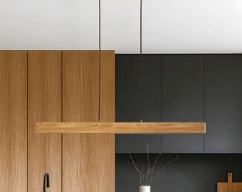 Handcrafted Oak Linear Pendant Light: Scandinavian Kitchen Table Lighting
