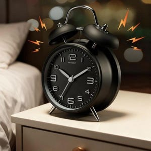 May include: A black alarm clock with a round face, white numerals, and hands. The clock has a silver bell and legs, and is on a white bedside table. The clock is ringing, indicated by orange lightning bolt graphics.