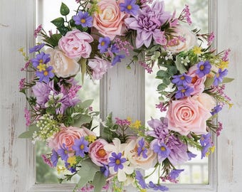 Spring Floral Wreath 38cm for Door or Window | Realistic Floral Decoration with Pastel Roses | Decorative Wreath for Rustic Shabby Chic Home