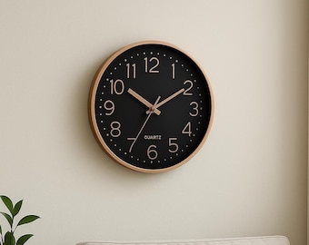 Modern Wall Clock Black and Rose Gold | Minimalist Quartz Clock | Silent Non-Ticking Wall Decor for Living Room Office Bedroom