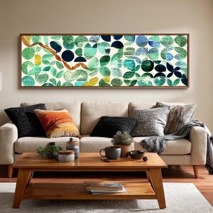 Green and Blue Geometric Shapes Unframed Canvas, Panoramic Mid Century Abstract Pattern, Design Lover Gift