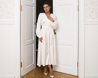 White Satin Midi Wrap Dress • Elegant Bridal Shower Outfit