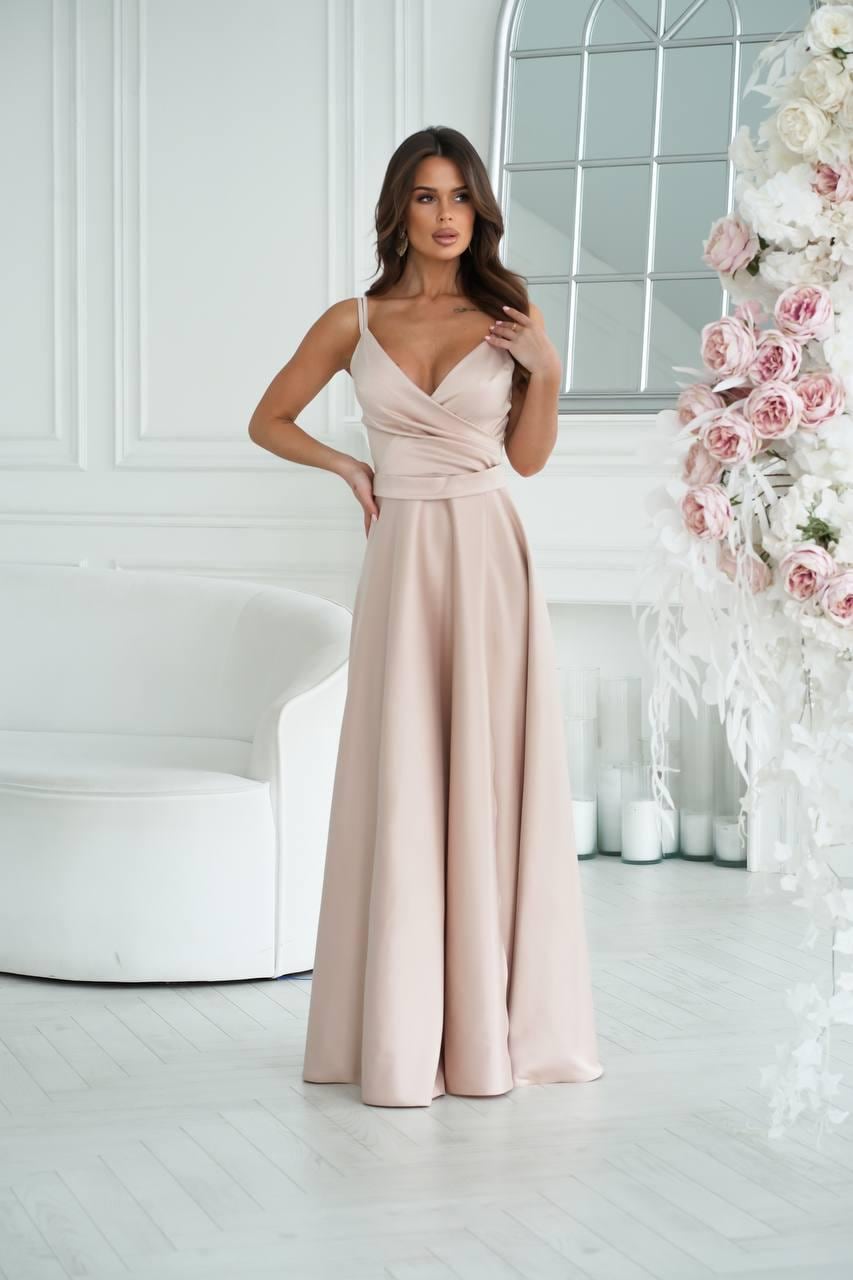 beige color satin dress Beige Gold Draped Front Open Back Midi Dress KAMEA main image 1