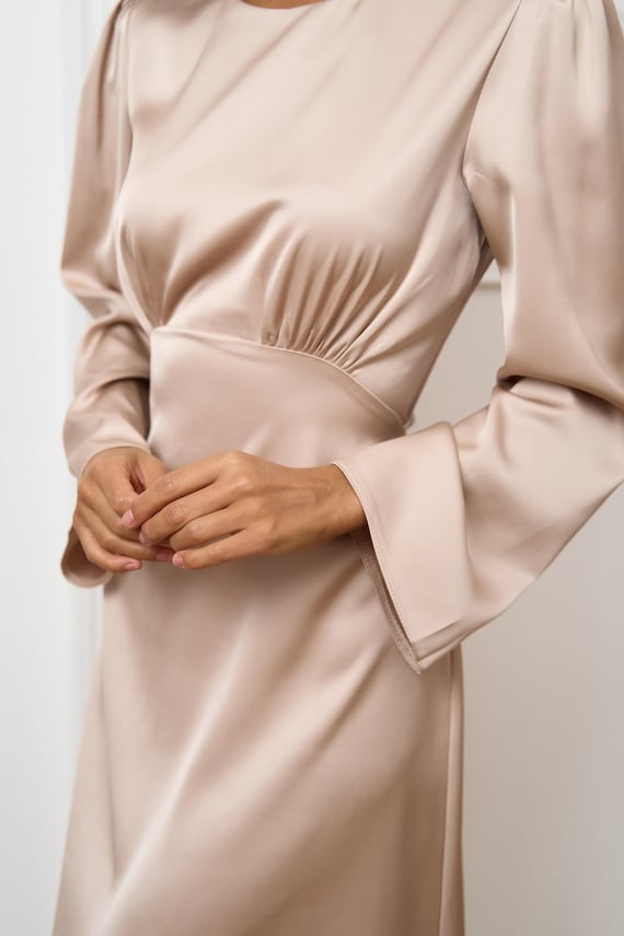 Beige Satin Dress * Long Sleeve Midi * Wedding Guest Dress