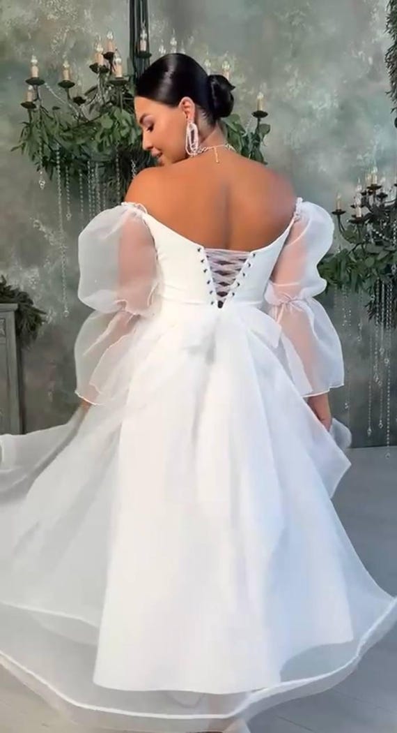 White Corset Dress with Sleeves - Elegant Bridal Dress for Wedding Registry, Engagement or Graduation White Corset Dress with Sleeves - Elegant Bridal Dress for Wedding Registry, Engagement or Graduation