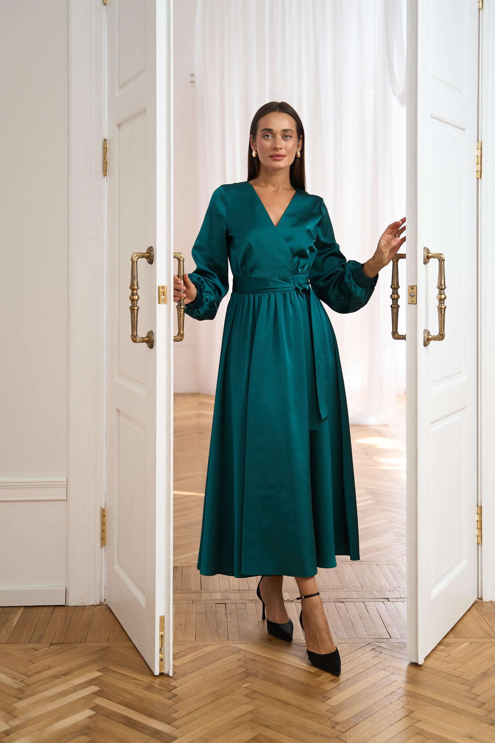 Emerald Satin Wrap Midi Dress * Elegant Evening Outfit Emerald Satin Wrap Midi Dress * Elegant Evening Outfit