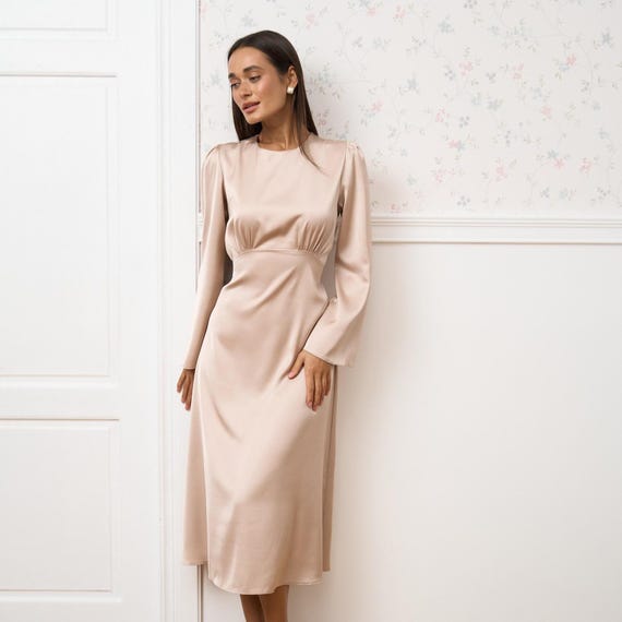 Beige Satin Dress * Long Sleeve Midi * Wedding Guest Dress