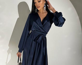 Vestido largo de seda azul – Elegante vestido de noche para mujer