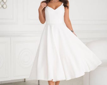 White Midi Dress, Spaghetti Straps, Structured Tailored Silhouette, Minimalist Summer Bridal Shower Outfit