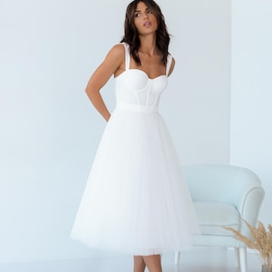 embellished corset tulle skirt midi dress in ivory Strapless Little White Dress with Drop Waist Satin Corset Over Floral Tulle Midi Skirt in Ivory (White)
