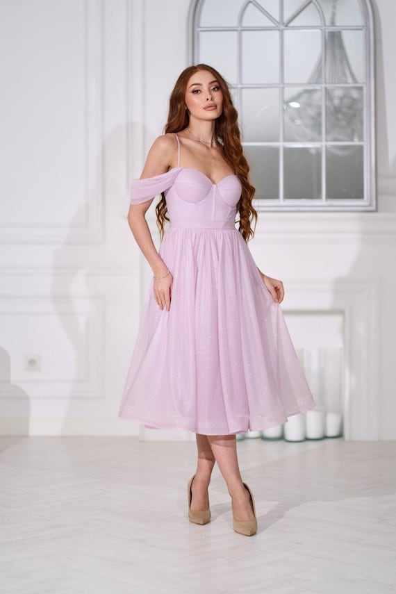 Lilac Glitter Midi Dress, Romantic Corset off Shoulder, Sparkly Fairycore Party Gown