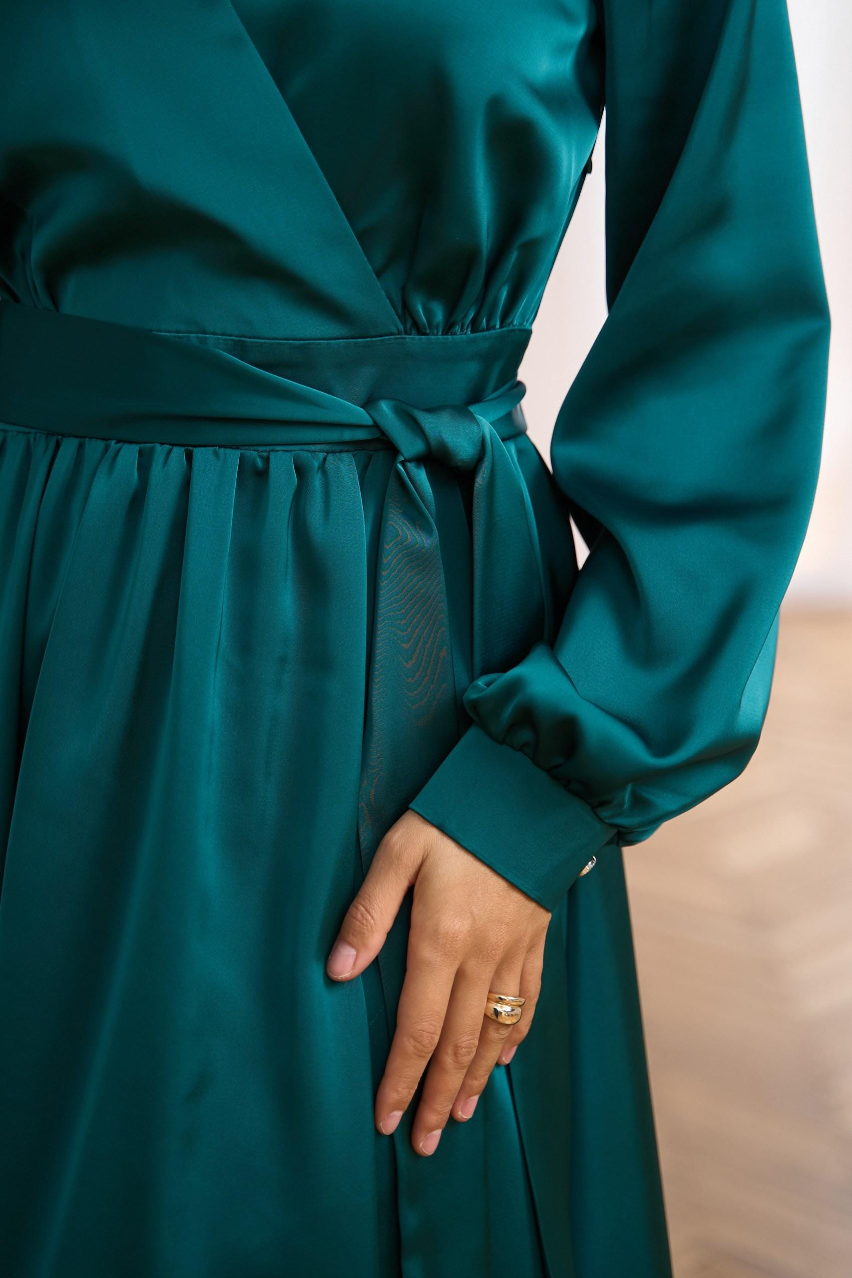 Emerald Satin Wrap Midi Dress * Elegant Evening Outfit