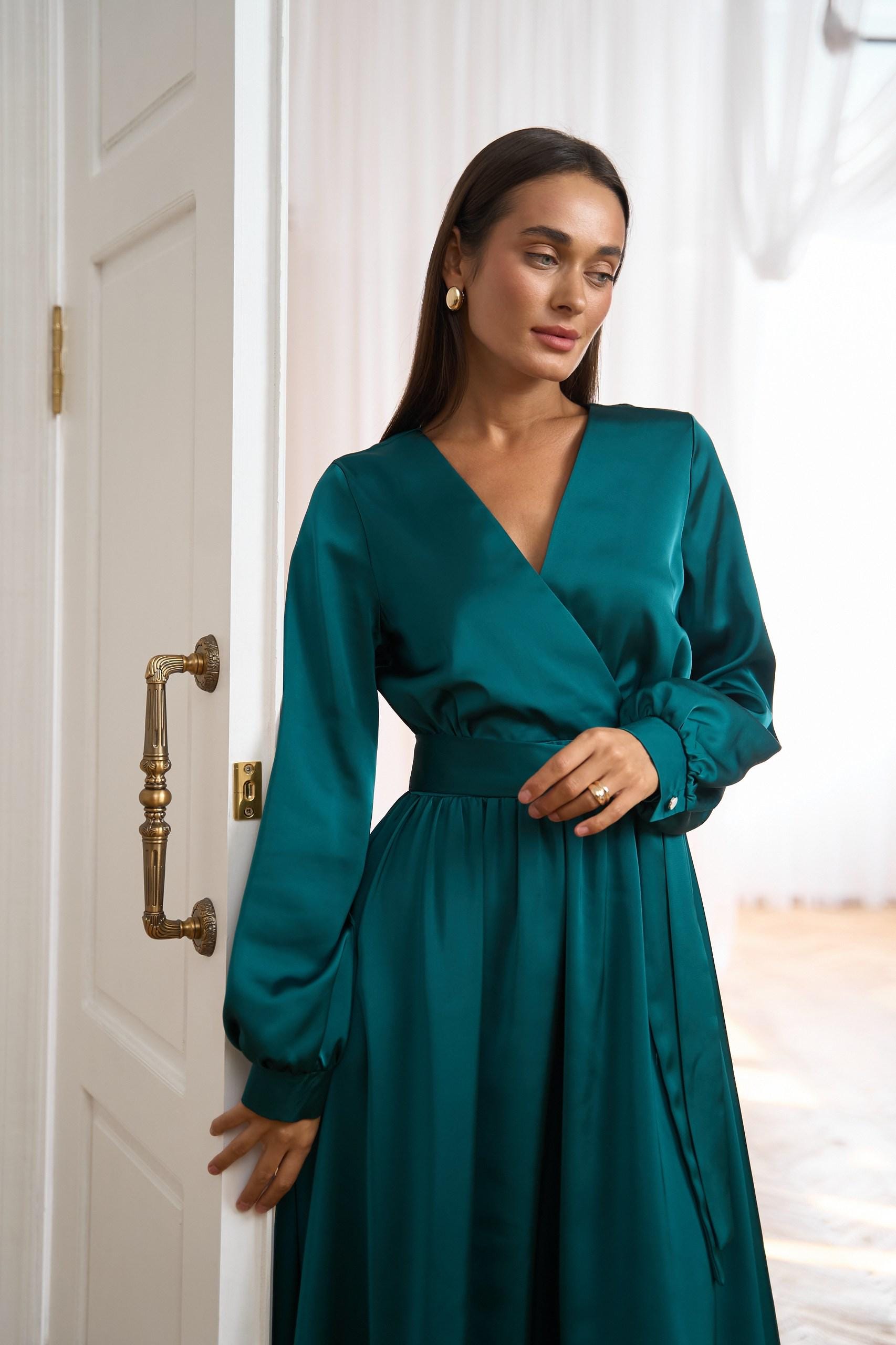 shape emerald green satin wrap dress Emerald Green Silk Satin Dress V Neckline – Désir Couture main image 0