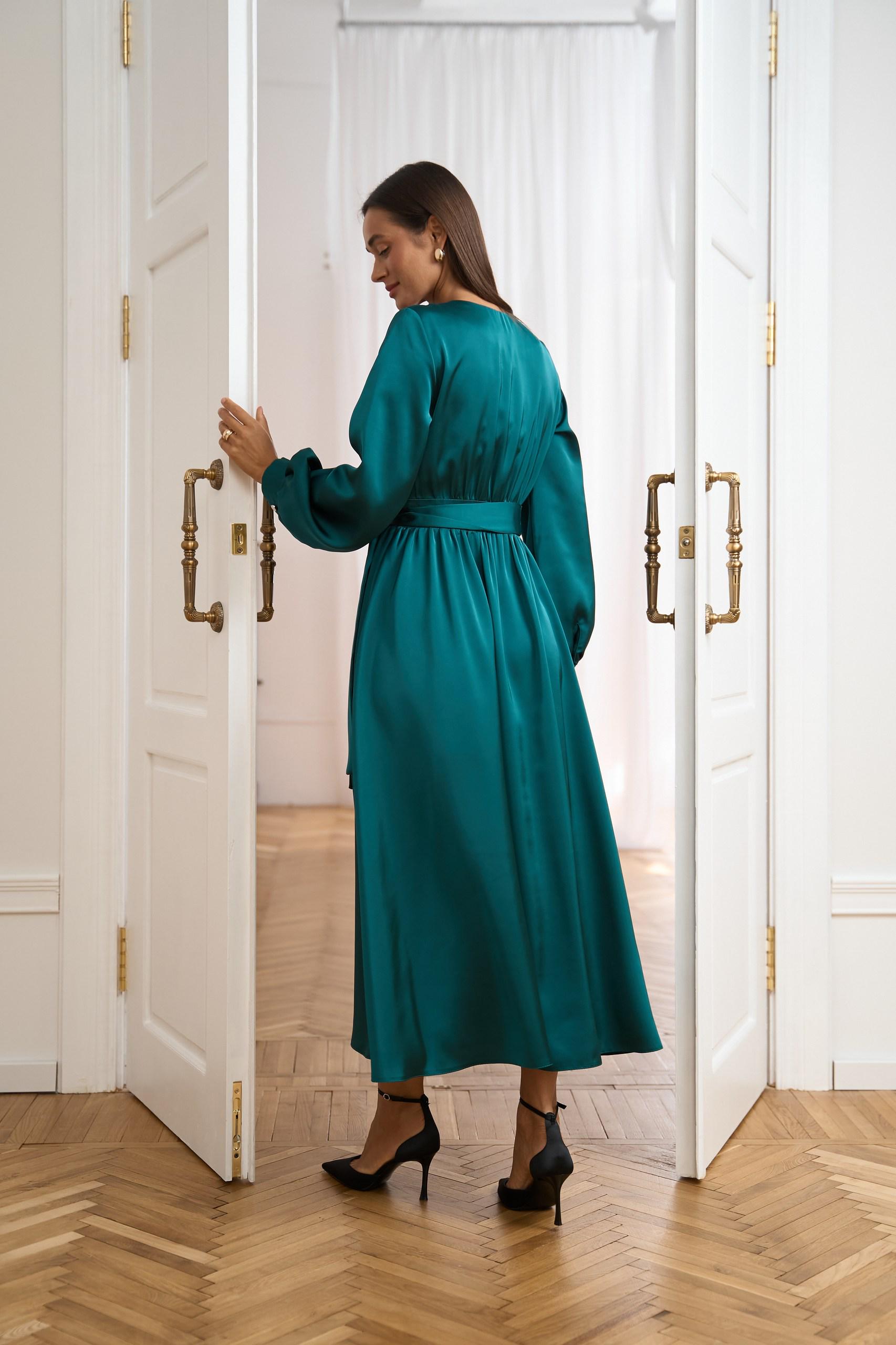 sachin and babi light blue dress Emerald Satin Wrap Midi Dress * Elegant Evening Outfit main image 1