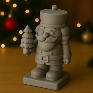 May include: A gray, decorative nutcracker figurine holding a small Christmas tree. The figurine has a hat, mustache, and uniform. The background includes a blurred Christmas tree with lights and ornaments.