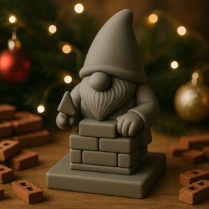 May include: A gray gnome figurine holding a trowel, standing on a brick structure. The gnome has a long beard and a pointed hat. Decorative bricks are scattered around the base. The background includes Christmas ornaments and lights.