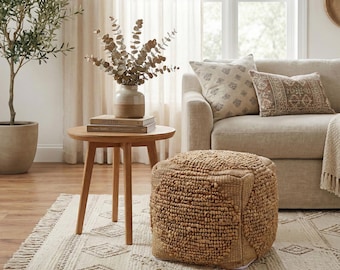 Puf de yute hecho a mano, puf de estilo bohemio, asiento extra, silla infantil, puf de bucle natural, puf redondo de yute, puf de yute Costco, puf cuadrado de yute