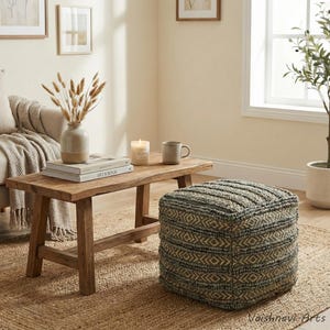 Poef donkerzeegroene jute **30% KORTING** met poef poef handgeweven poef, poef jute, poef boho decor, voetenbank kruk, natuurlijke vezels