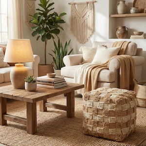 Moroccan POUF **30% OFF** with Natural Bleach Loop Ottoman Pouf Moroccan Jute Pouf Moroccan Pouffe Hand Woven Ottoman eco-friendly Jute Pouf