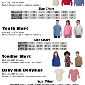 Puede incluir: Tabla de tallas para varios art&iacute;culos de ropa, incluyendo camisetas unisex, camisetas juveniles, camisetas para ni&ntilde;os peque&ntilde;os y bodies de canal&eacute; para beb&eacute;s. La tabla proporciona medidas en pulgadas para el ancho y el largo.