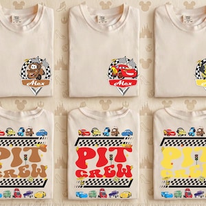 Camiseta personalizada del equipo de boxes de Disney Cars, camiseta de cumpleaños de McQueen y Mater, conjunto de cumpleaños para niños, camiseta a juego para vacaciones familiares, camiseta del equipo de carreras imagen 1