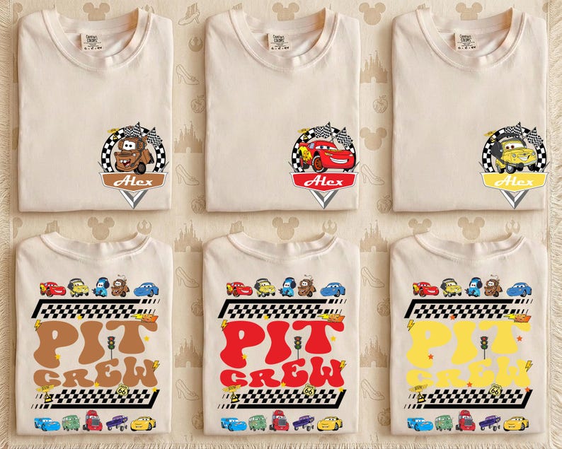 Camiseta personalizada del equipo de boxes de Disney Cars, camiseta de cumpleaños de McQueen y Mater, conjunto de cumpleaños para niños, camiseta a juego para vacaciones familiares, camiseta del equipo de carreras imagen 1