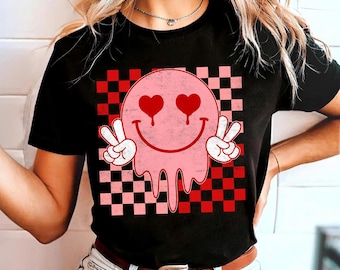 Camiseta con sonrisa de corazón, camiseta gráfica de San Valentín para mujer, camiseta con cara sonriente, camiseta retro de amor, camiseta estética de San Valentín, camiseta gráfica para mujer