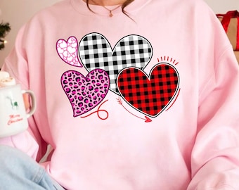 Sudadera con corazón de San Valentín, sudadera rosa de San Valentín para mujer, camisa a cuadros con corazón de leopardo, suéter bonito de San Valentín, sudadera con corazón de amor