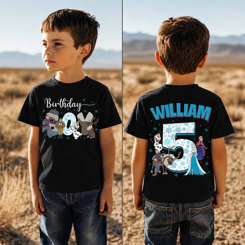 May include: Black t-shirt with a "Birthday Boy" graphic featuring characters from a popular animated movie. The number "5" is on the back, along with the name "William". The shirt is worn by a young boy in blue jeans.