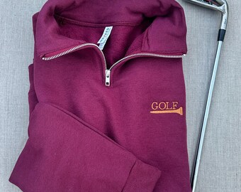 Embroidered Golf Quarter Zip Sweatshirt, Mens Pullover, Tee Time Design, Country Club Apparel, Husband Birthday Gift for Him, Cadet Collar