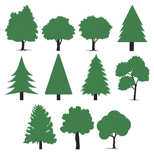 Può includere: Una collezione di undici illustrazioni di alberi distinte disposte su tre file. Ogni albero presenta una chioma verde solida con un sottile motivo a griglia e un tronco nero. Il set include varie forme, dagli alberi decidui arrotondati alle conifere.