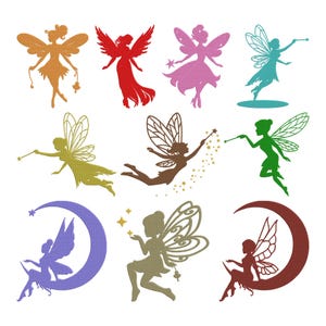 May include: A collection of nine fairy silhouettes in various colors, including orange, red, pink, teal, yellow, brown, green, purple, and maroon. Each fairy has detailed wings and poses, some holding wands or sitting on crescent moons. Ideal for crafting or design projects.