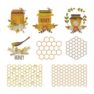 Peut inclure: Plusieurs illustrations sur le thème du miel. L'image comprend des pots de miel, une cuillère en bois avec du miel qui coule, des compositions florales, des abeilles et des motifs en nid d'abeille. La palette de couleurs est composée de jaune, de marron, de vert et de blanc.