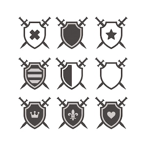 May include: Nine shield designs with swords. Each shield is a different shape and has a different symbol, including a cross, a star, and a crown. The shields are dark gray with a light gray outline and are set against a white background.
