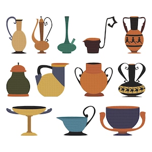 Könnte beinhalten: Eine Sammlung stilisierter, farbenfroher Illustrationen antiker griechischer Keramik. Die Designs umfassen Vasen, Krüge und Schalen in Braun-, Blau-, Grün- und Orangetönen. Einige weisen dekorative Muster und Griffe auf, die eine klassische Ästhetik hervorrufen.